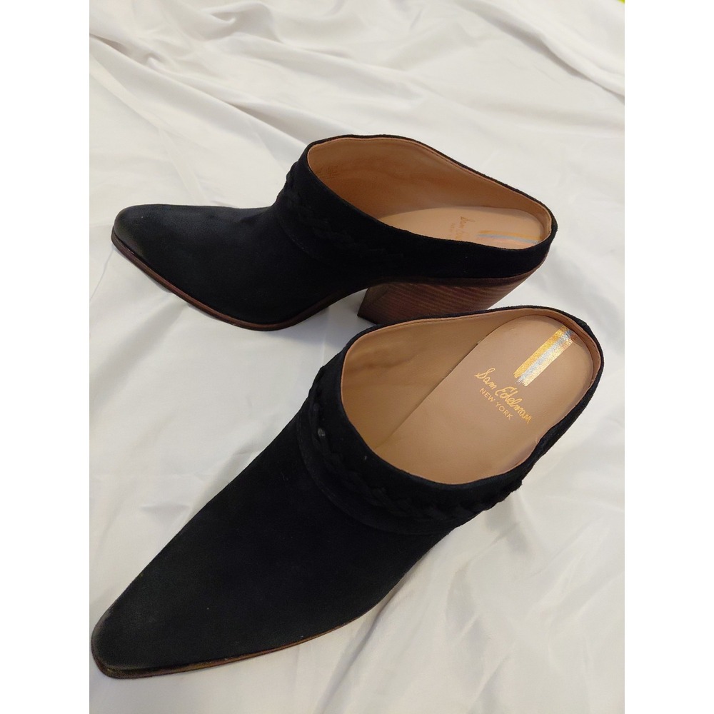 Sam Edelman Alison Pointed Toe Slip On Stacked Heel Leather Mules Black